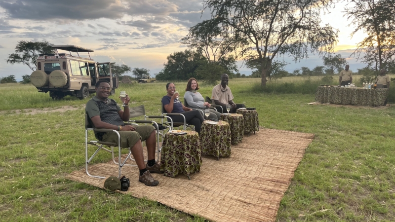 Sundowner drinks and snacks at Ishasha Wilderness Camp in Uganda